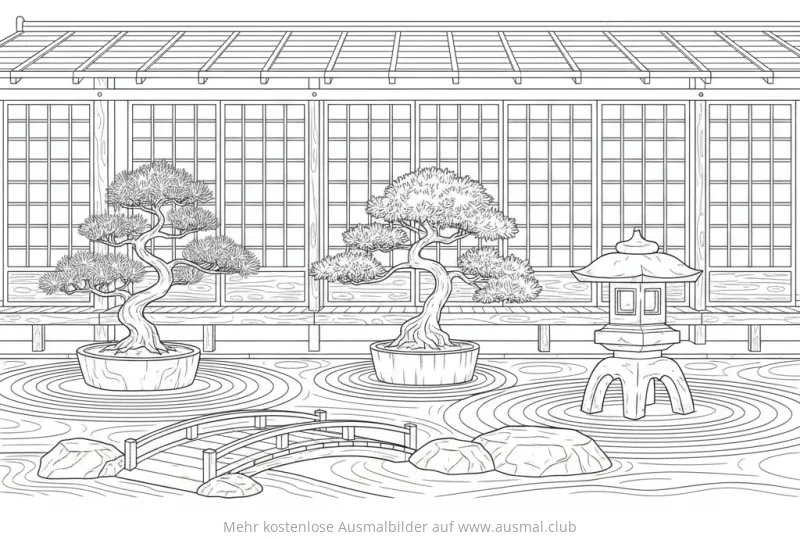 Zen Garten mit Bonsai und Steinlaterne Ausmalbild