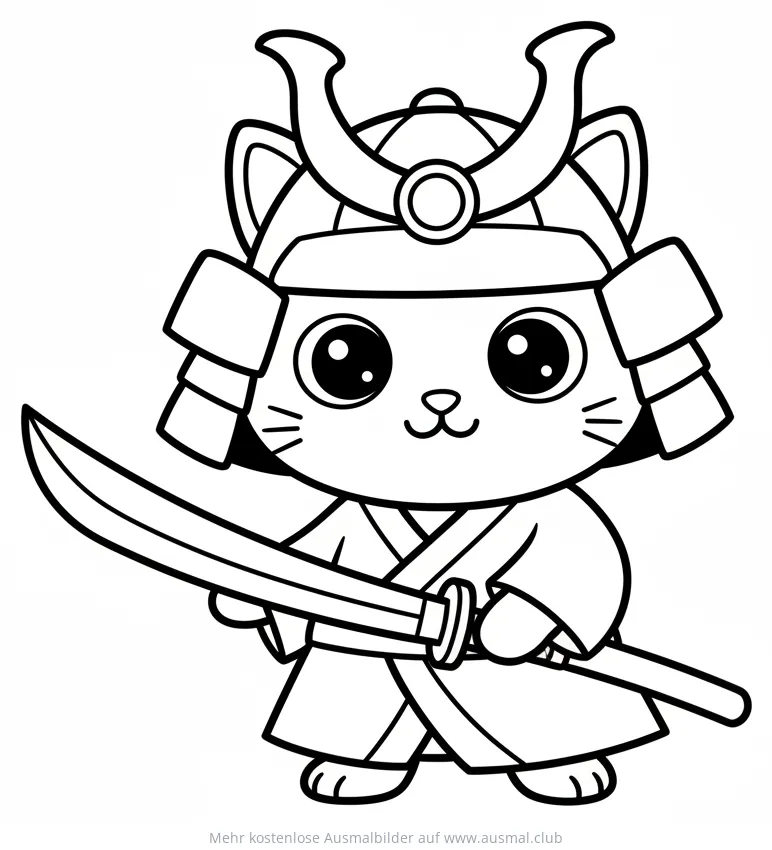 Samurai Katze Ausmalbild mit Schwert