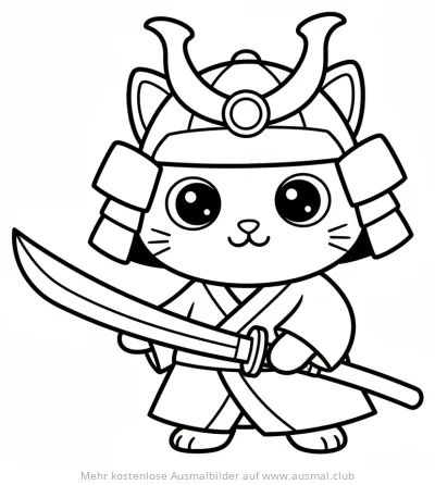 Samurai Katze Ausmalbild mit Schwert