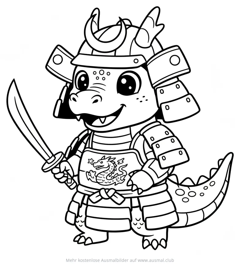 Samurai Drache Ausmalbild mit Schwert und Rüstung