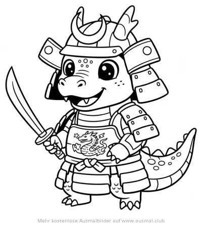 Samurai Drache Ausmalbild mit Schwert und Rüstung