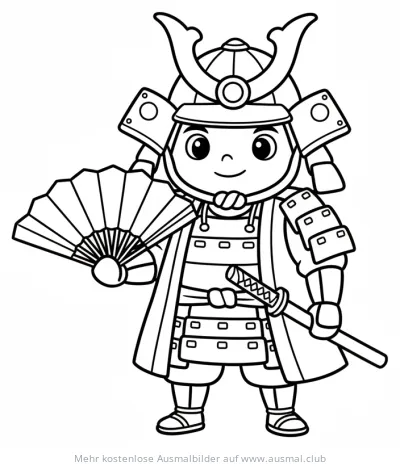 Samurai mit Fächer Ausmalbild im kindlichen Stil