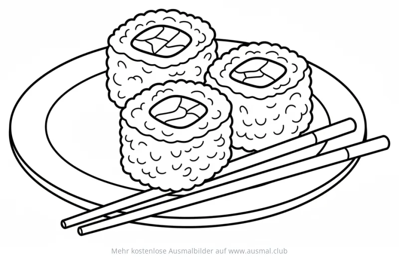 Sushi auf Teller mit Essstäbchen Ausmalbild
