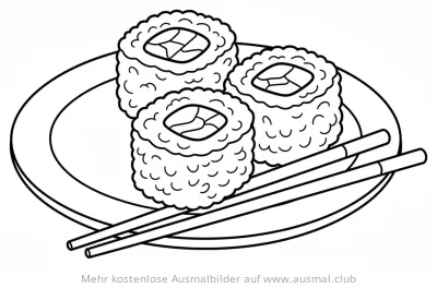Sushi auf Teller mit Essstäbchen Ausmalbild