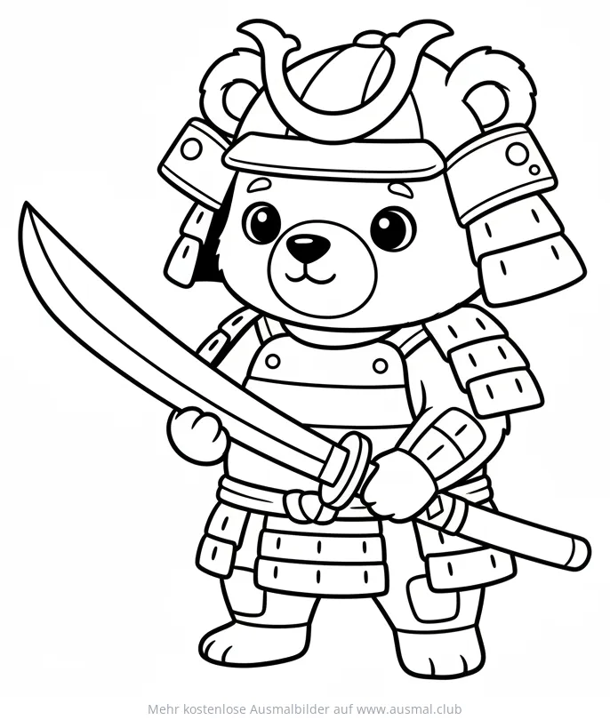 Samurai Bär Ausmalbild mit Katana und Rüstung