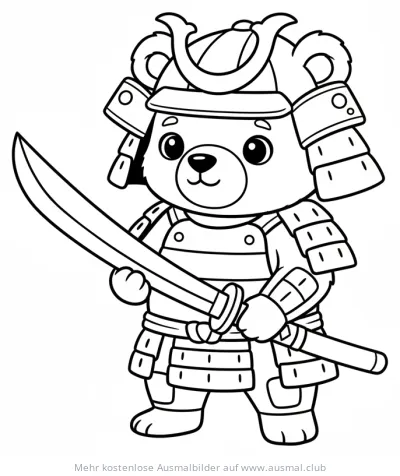 Samurai Bär Ausmalbild mit Katana und Rüstung