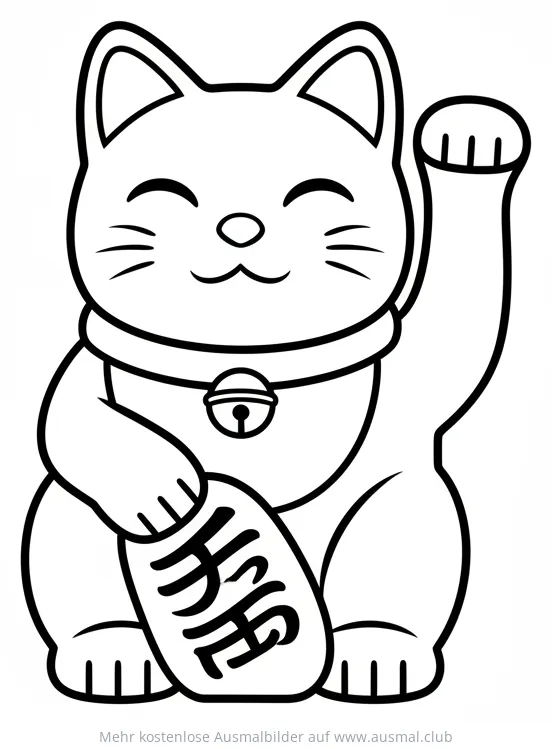 Glückskatze (Maneki Neko) Ausmalbild mit japanischen Schriftzeichen