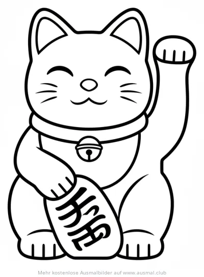 Glückskatze (Maneki Neko) Ausmalbild mit japanischen Schriftzeichen