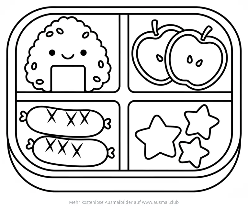 Bento Box mit Onigiri, Apfel, Würstchen und Sternen Ausmalbild