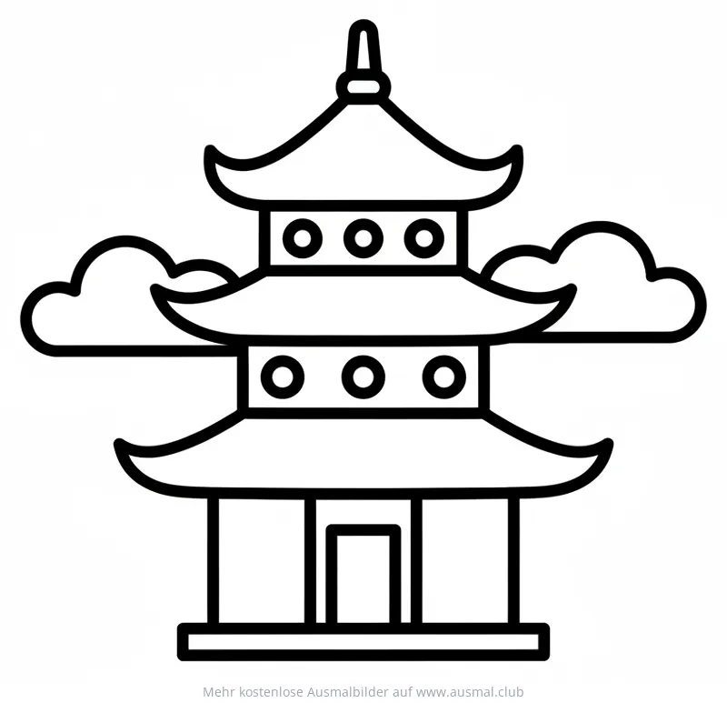 Japanische Pagode Ausmalbild mit Wolken