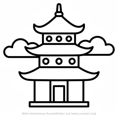 Japanische Pagode Ausmalbild mit Wolken