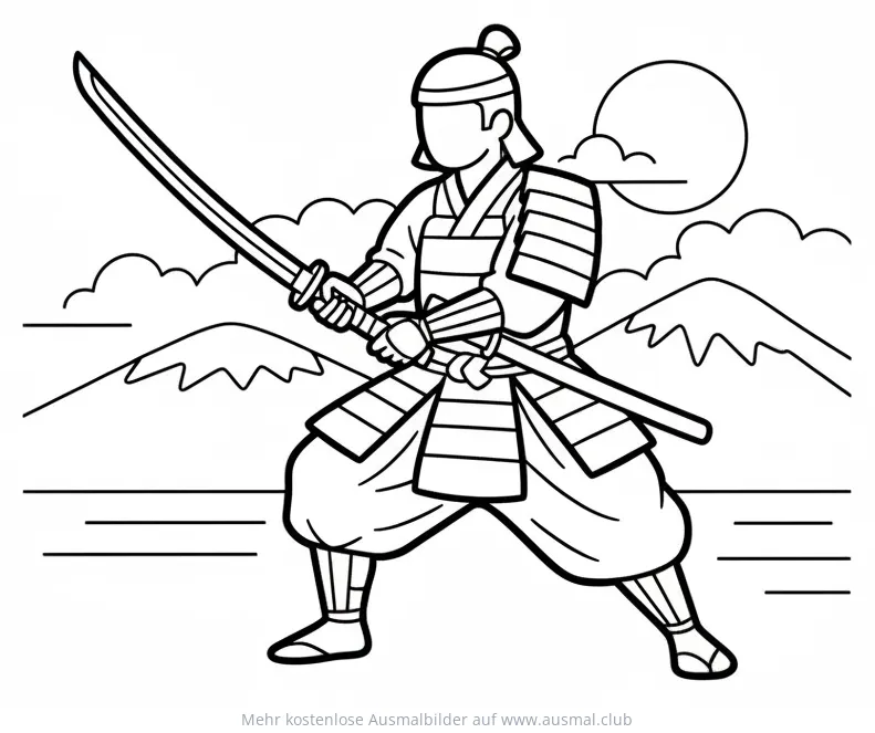 Samurai mit Katana in Trainingspose vor Berglandschaft Ausmalbild