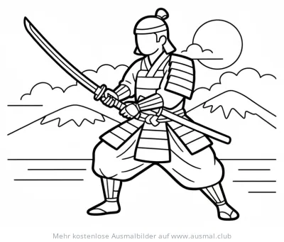 Samurai mit Katana in Trainingspose vor Berglandschaft Ausmalbild