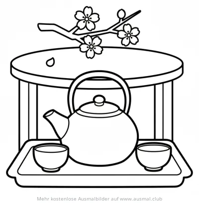 Japan Teezeremonie Ausmalbild mit Teekanne, Schalen und Kirschblüten