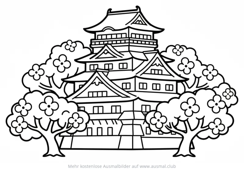 Japanische Burg mit Kirschblüten Ausmalbild