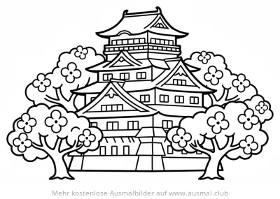 Japanische Burg mit Kirschblüten Ausmalbild