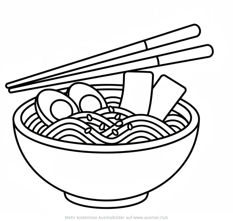 Ramen Schüssel mit Nudeln, Eiern und Tofu Ausmalbild