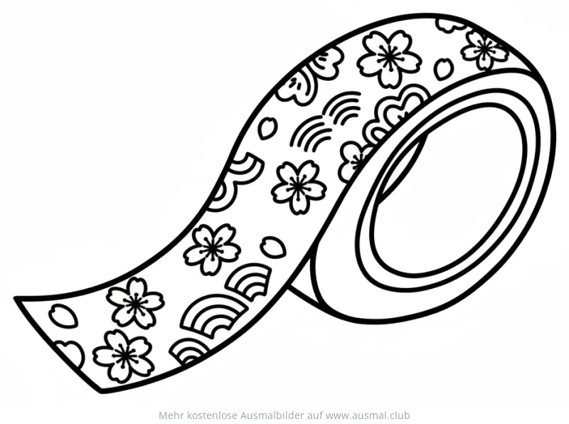 Washi Tape mit Kirschblüten und Wellenmuster Ausmalbild