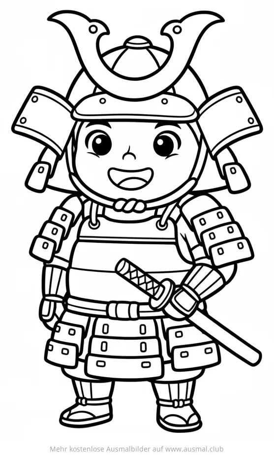 Freundlicher Samurai Kind mit Rüstung und Schwert Ausmalbild