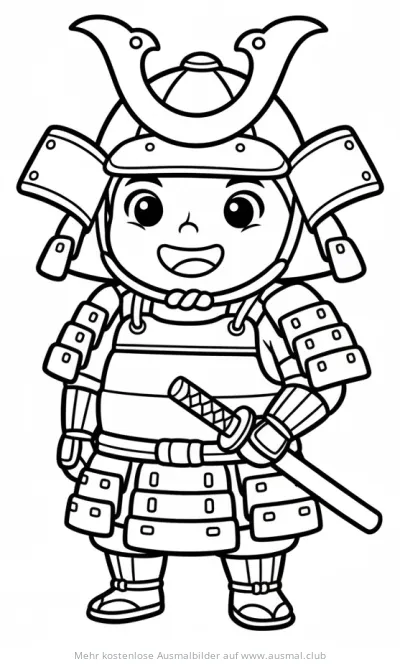 Freundlicher Samurai Kind mit Rüstung und Schwert Ausmalbild