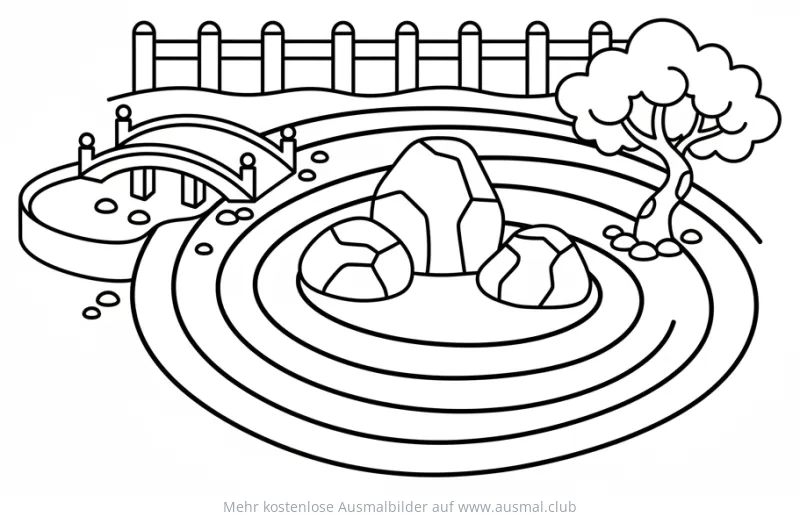 Zen Garten mit Steinen und Brücke Ausmalbild