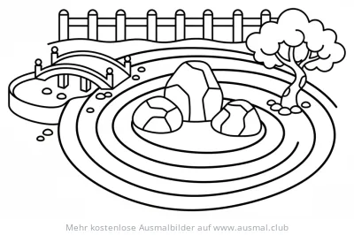 Zen Garten mit Steinen und Brücke Ausmalbild