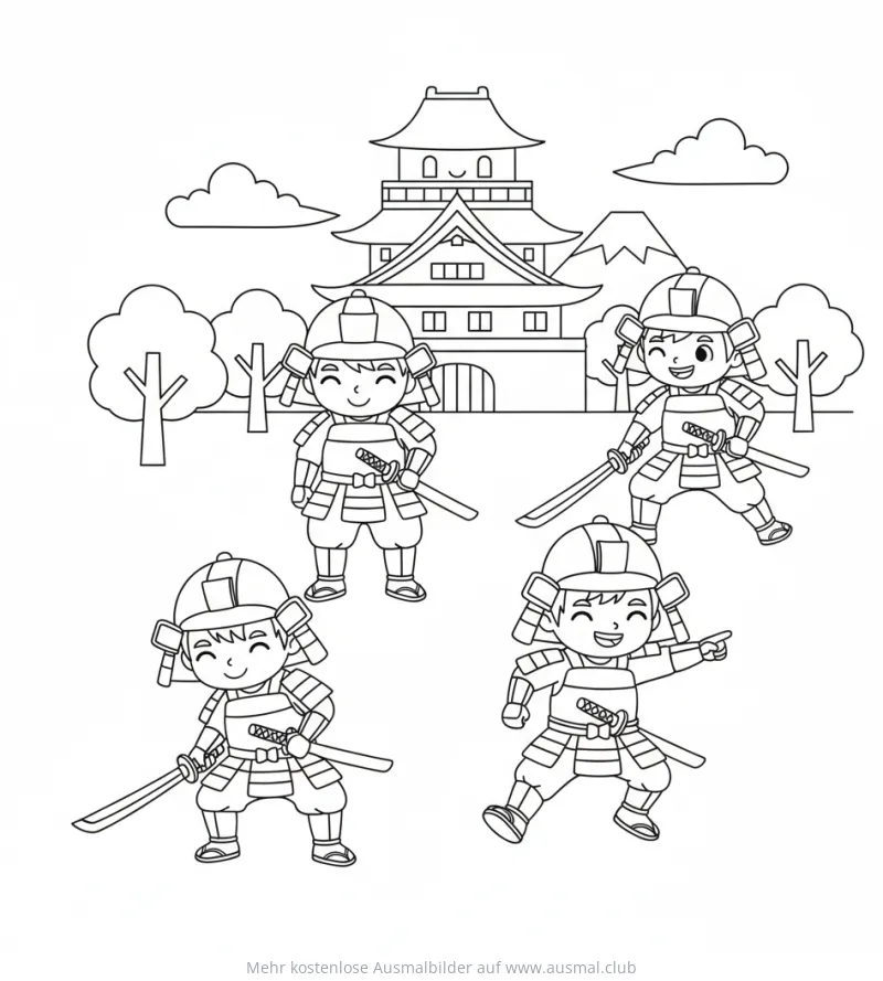Samurai Gruppe vor japanischer Burg Ausmalbild