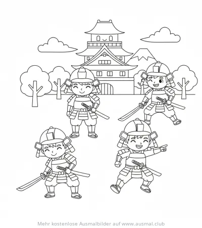 Samurai Gruppe vor japanischer Burg Ausmalbild