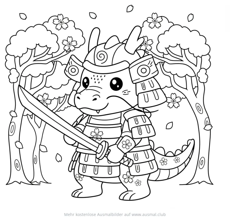 Samurai Drache mit Schwert vor Kirschblüten Ausmalbild