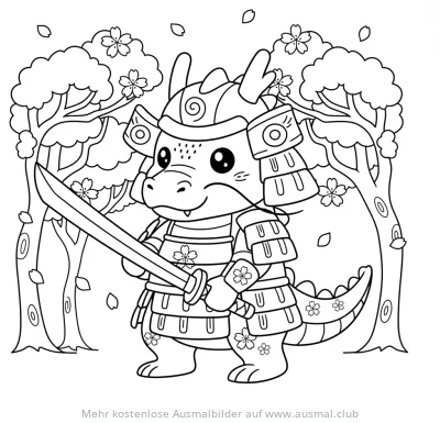 Samurai Drache mit Schwert vor Kirschblüten Ausmalbild
