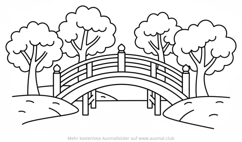 Japanische Brücke mit Bäumen Ausmalbild