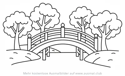 Japanische Brücke mit Bäumen Ausmalbild