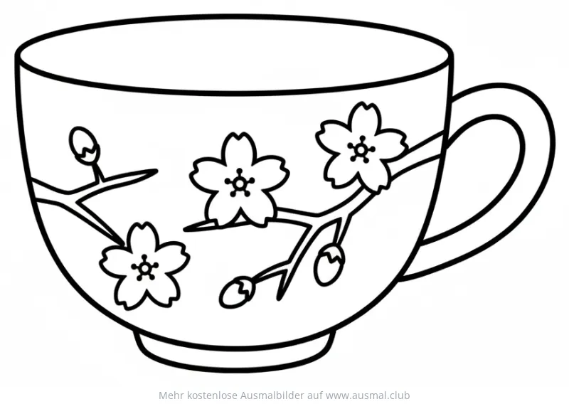 Teetasse mit Kirschblüten Ausmalbild