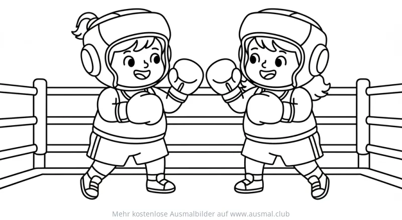 Zwei Kinder mit Boxausrüstung im Boxring Ausmalbild