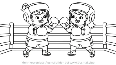 Zwei Kinder mit Boxausrüstung im Boxring Ausmalbild
