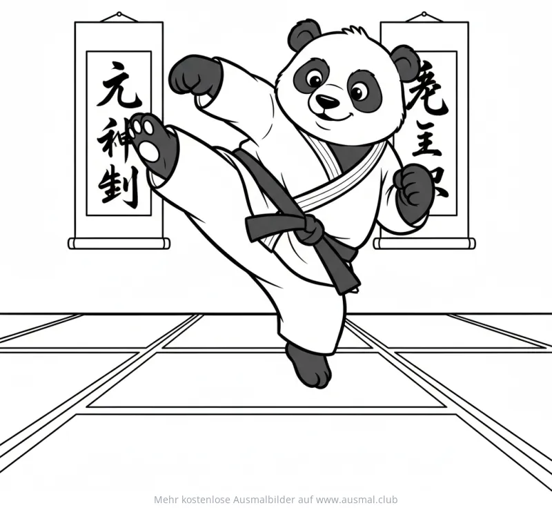 Panda im Karate Anzug beim Tritt Ausmalbild