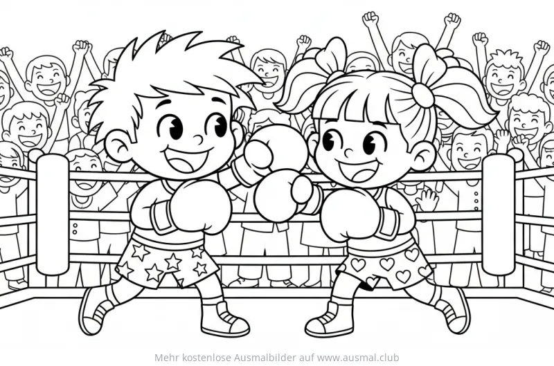 Boxen Ausmalbild mit zwei Kindern im Ring