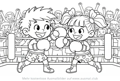 Boxen Ausmalbild mit zwei Kindern im Ring