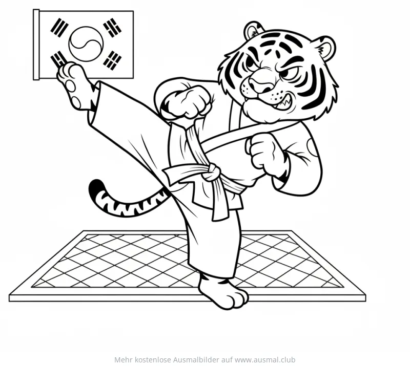 Taekwondo Tiger mit südkoreanischer Flagge Ausmalbild