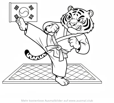 Taekwondo Tiger mit südkoreanischer Flagge Ausmalbild