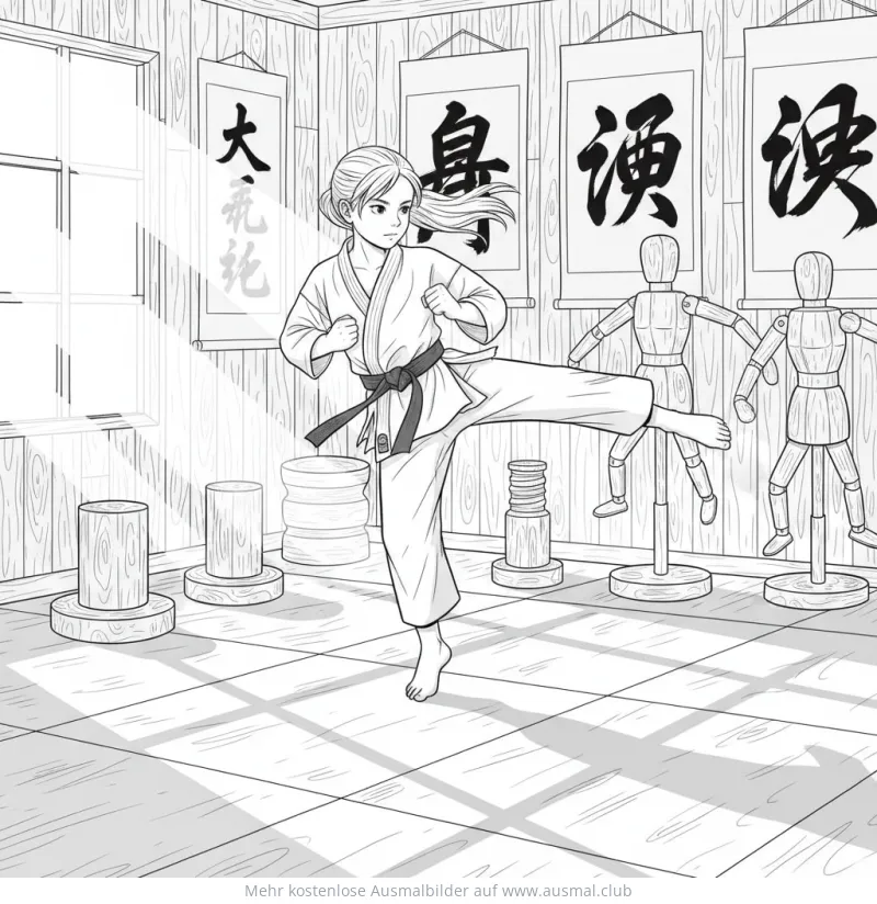 Karate Mädchen beim Tritt Ausmalbild im Dojo
