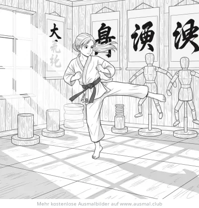 Karate Mädchen beim Tritt Ausmalbild im Dojo
