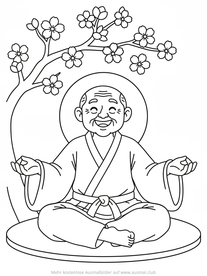Kampfsport Meister meditiert unter blühendem Kirschbaum Ausmalbild