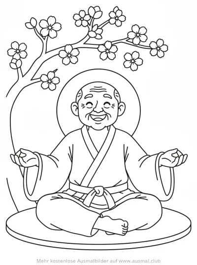 Kampfsport Meister meditiert unter blühendem Kirschbaum Ausmalbild