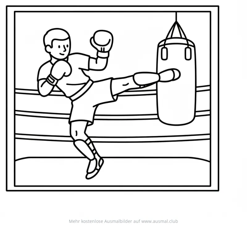 Kickboxer tritt Boxsack Ausmalbild