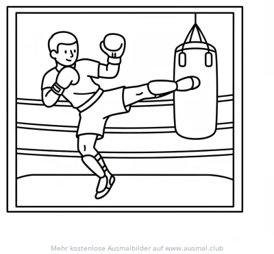 Kickboxer tritt Boxsack Ausmalbild