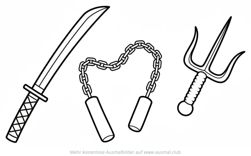 Katana, Nunchaku und Sai Ausmalbild