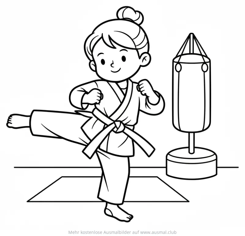 Karate Mädchen mit Boxsack Ausmalbild