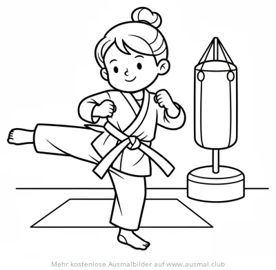 Karate Mädchen mit Boxsack Ausmalbild