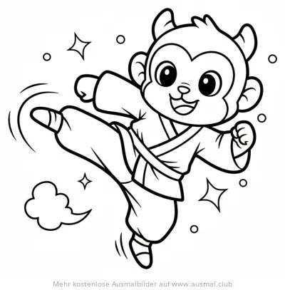 Affe im Karate-Anzug beim Tritt Ausmalbild